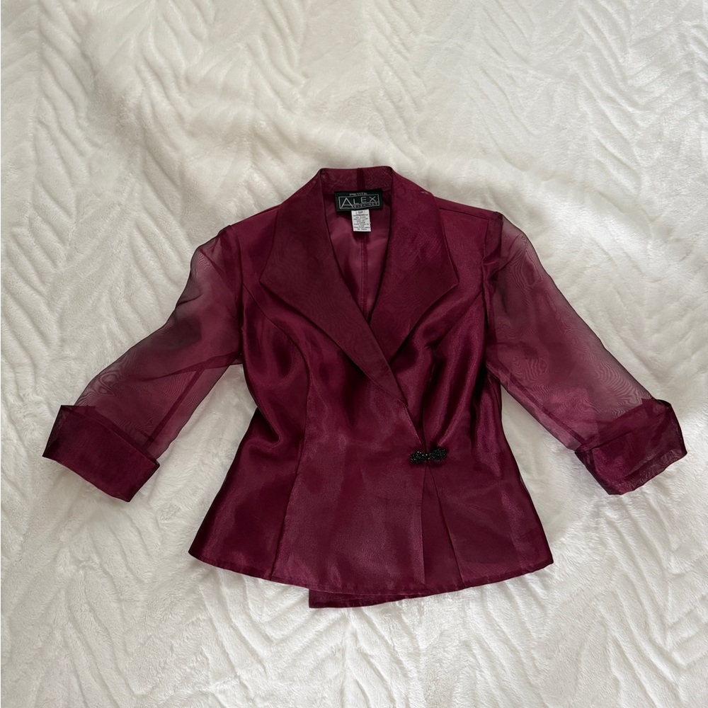 Alex Evenings Deep Burgundy Organza Sheer-Sleeve fitted Blazer